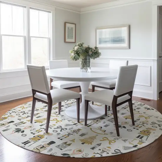 8' Ivory Gold Black And Gray Round Nutcracker Washable Indoor Outdoor Area Rug Photo 5