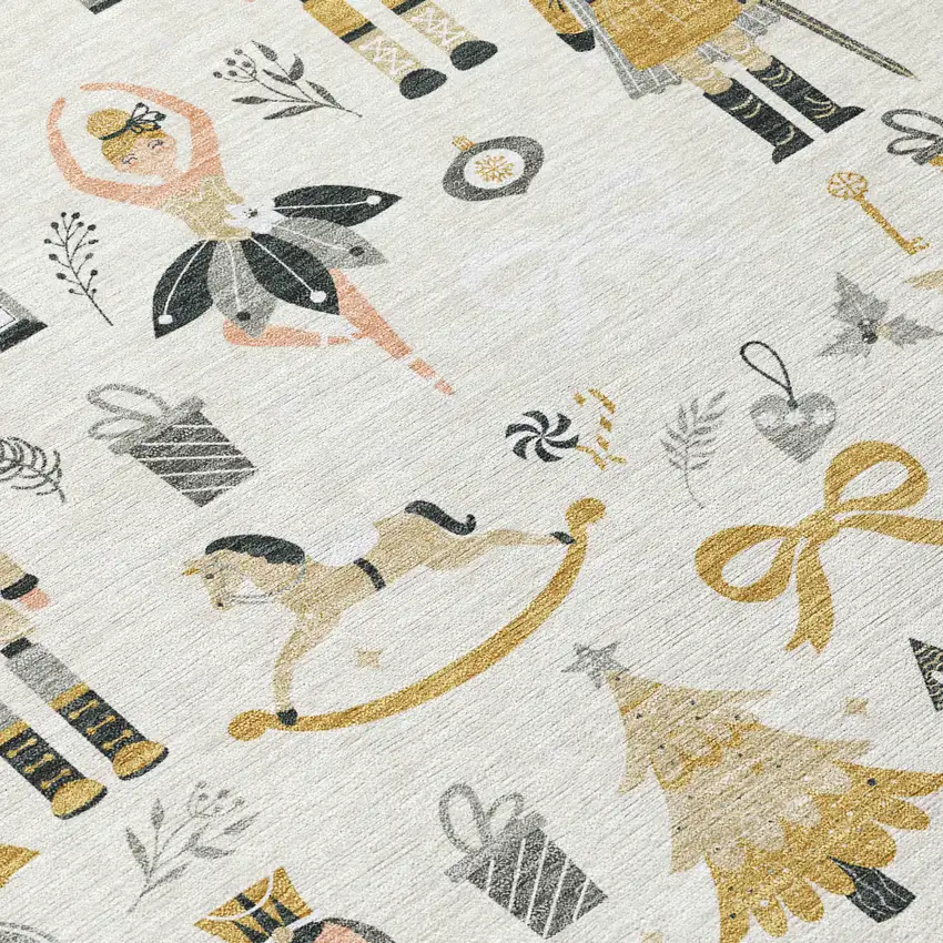 8' Ivory Gold Black And Gray Round Nutcracker Washable Indoor Outdoor Area Rug Photo 8