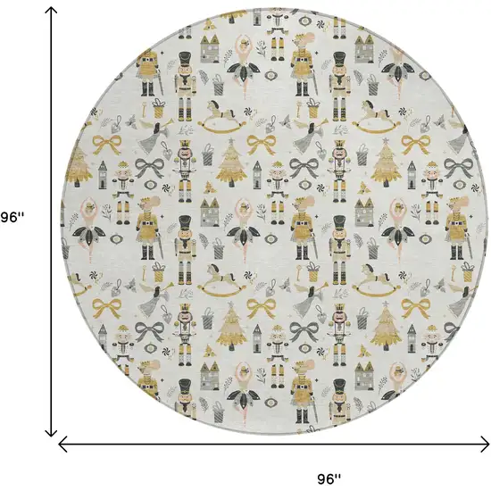 8' Ivory Gold Black And Gray Round Nutcracker Washable Indoor Outdoor Area Rug Photo 9