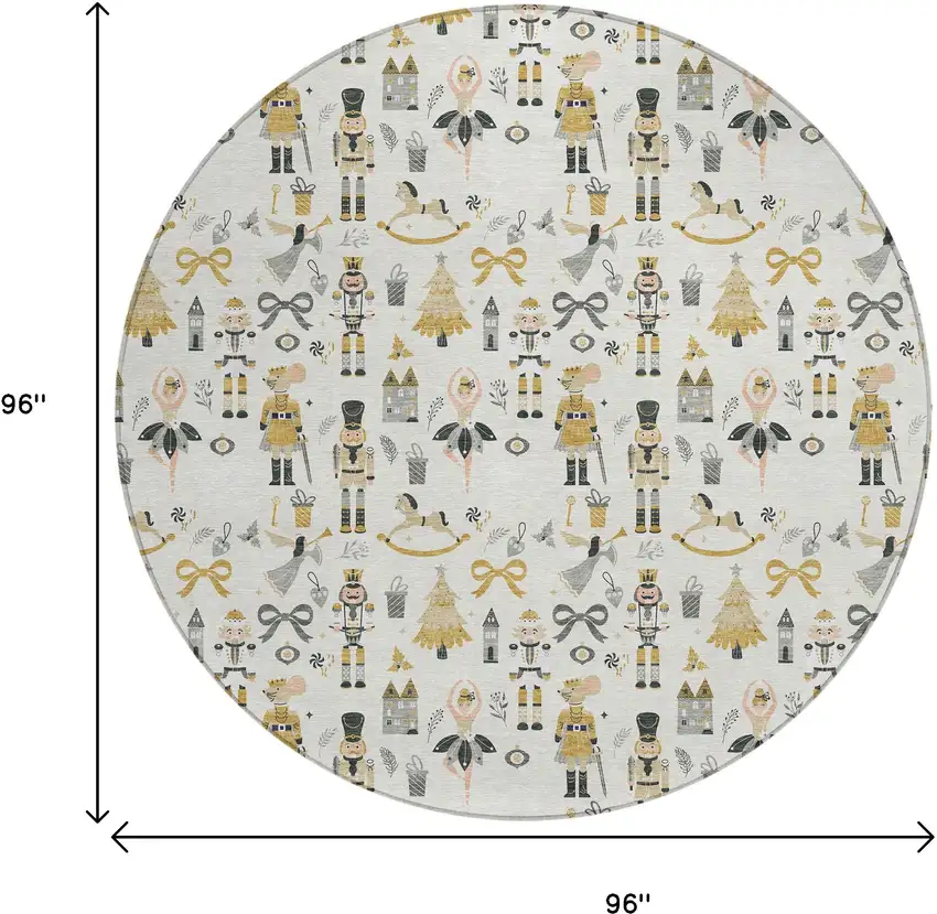 8' Ivory Gold Black And Gray Round Nutcracker Washable Indoor Outdoor Area Rug Photo 9