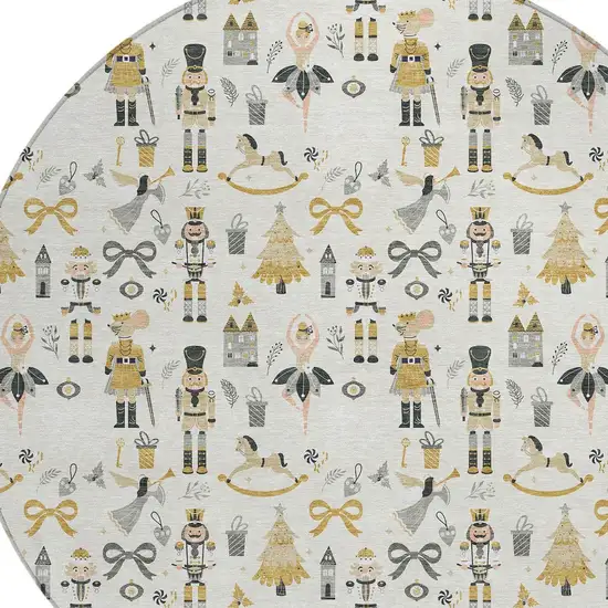 8' Ivory Gold Black And Gray Round Nutcracker Washable Indoor Outdoor Area Rug Photo 9