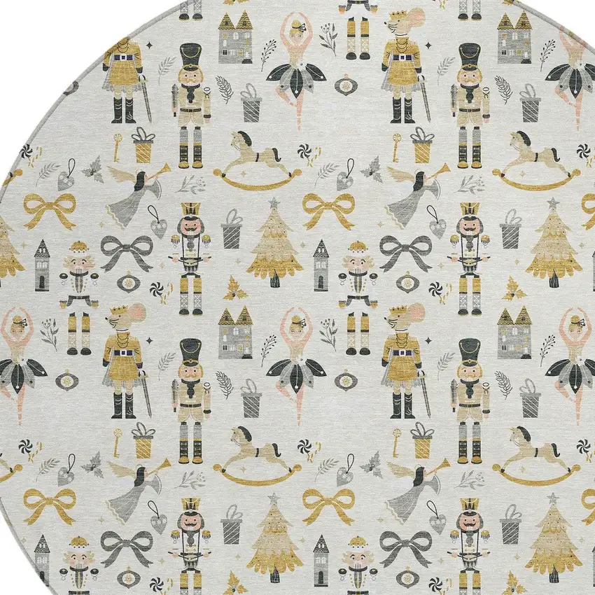 8' Ivory Gold Black And Gray Round Nutcracker Washable Indoor Outdoor Area Rug Photo 9