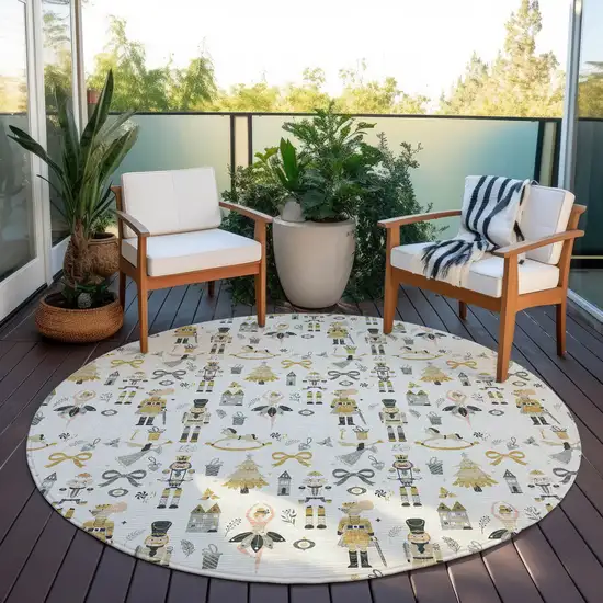 8' Ivory Gold Black And Gray Round Nutcracker Washable Indoor Outdoor Area Rug Photo 4