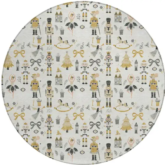 8' Ivory Gold Black And Gray Round Nutcracker Washable Indoor Outdoor Area Rug Photo 6