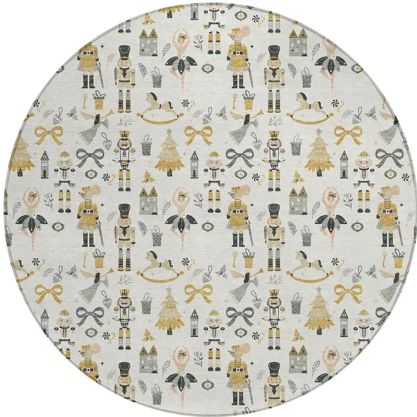8' Ivory Gold Black And Gray Round Nutcracker Washable Indoor Outdoor Area Rug Photo 6
