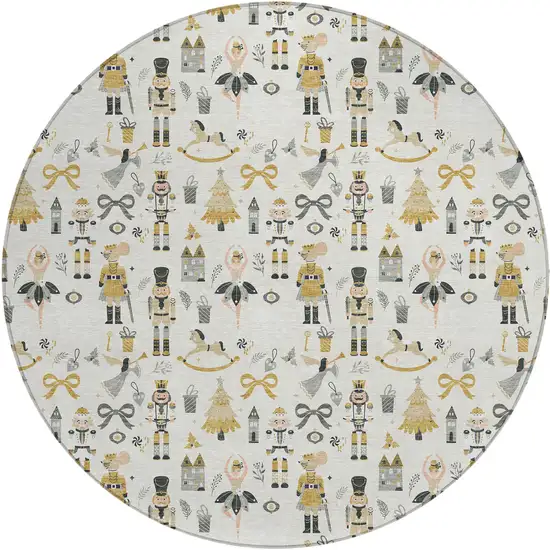 8' Ivory Gold Black And Gray Round Nutcracker Washable Indoor Outdoor Area Rug Photo 2