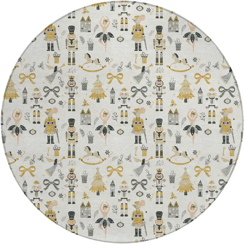 8' Ivory Gold Black And Gray Round Nutcracker Washable Indoor Outdoor Area Rug Photo 2