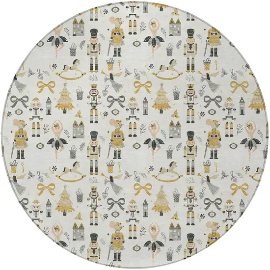 8' Ivory Gold Black And Gray Round Nutcracker Washable Indoor Outdoor Area Rug Photo 3