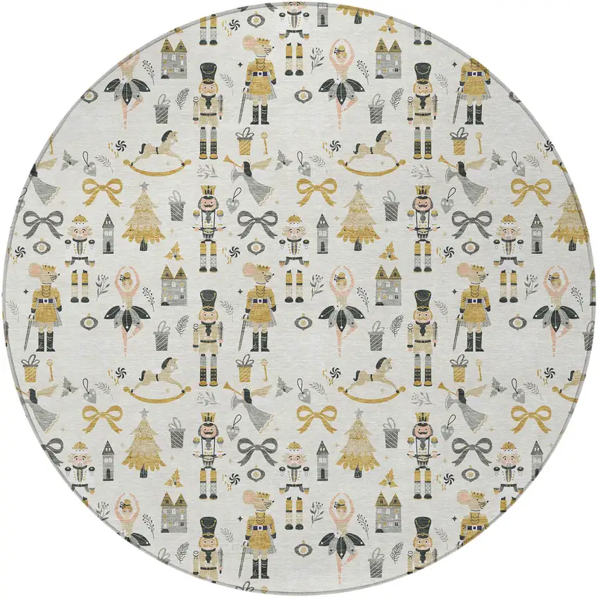 8' Ivory Gold Black And Gray Round Nutcracker Washable Indoor Outdoor Area Rug Photo 3
