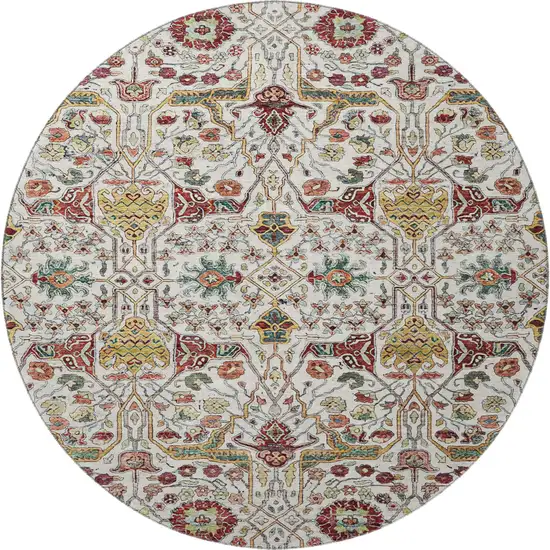 8' Ivory Gold Red And Teal Floral Washable Round Rug With UV Protection Photo 3