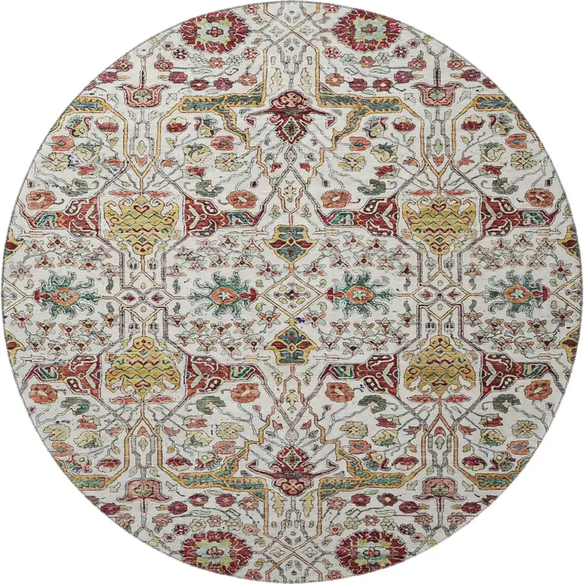 8' Ivory Gold Red And Teal Floral Washable Round Rug With UV Protection Photo 3
