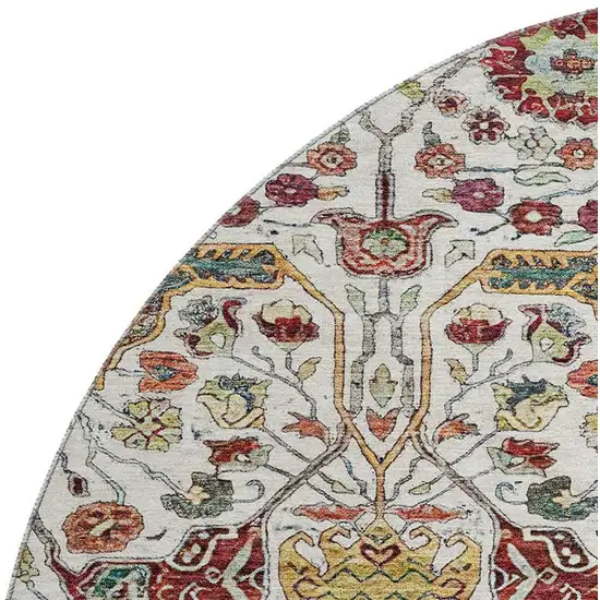 8' Ivory Gold Red And Teal Floral Washable Round Rug With UV Protection Photo 2