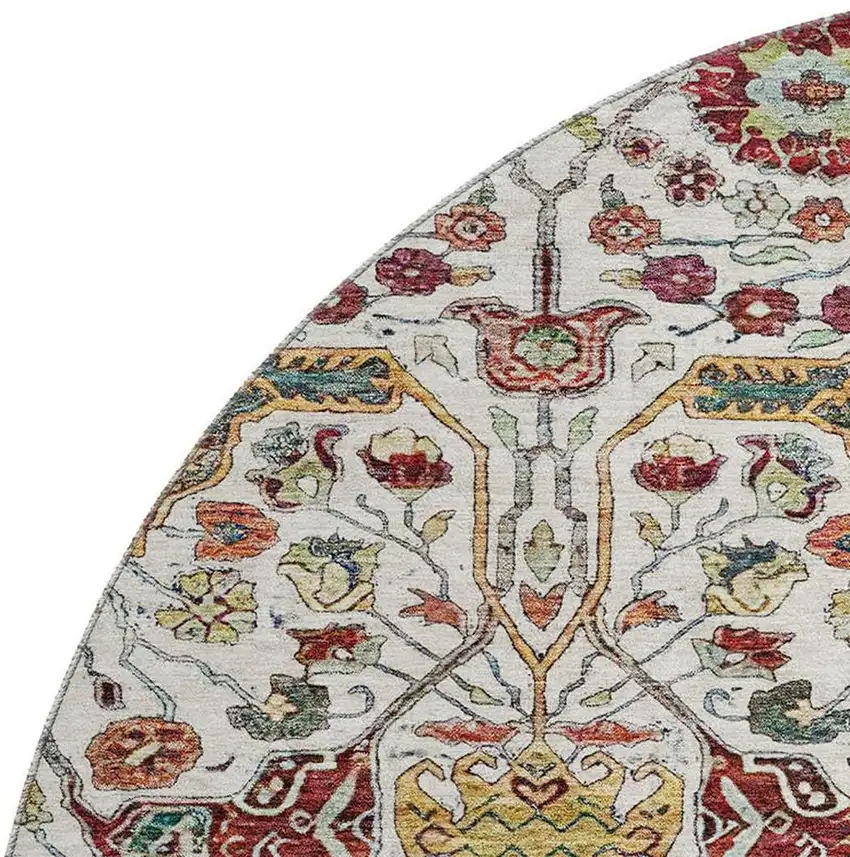 8' Ivory Gold Red And Teal Floral Washable Round Rug With UV Protection Photo 2