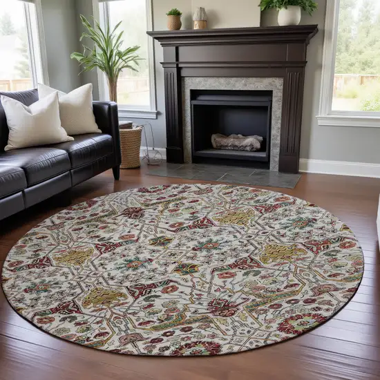 8' Ivory Gold Red And Teal Floral Washable Round Rug With UV Protection Photo 4