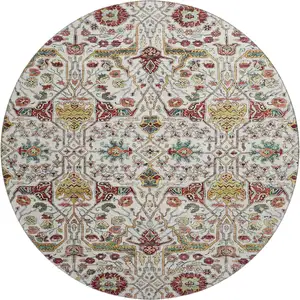 Photo of 8' Ivory Gold Red And Teal Floral Washable Round Rug With UV Protection