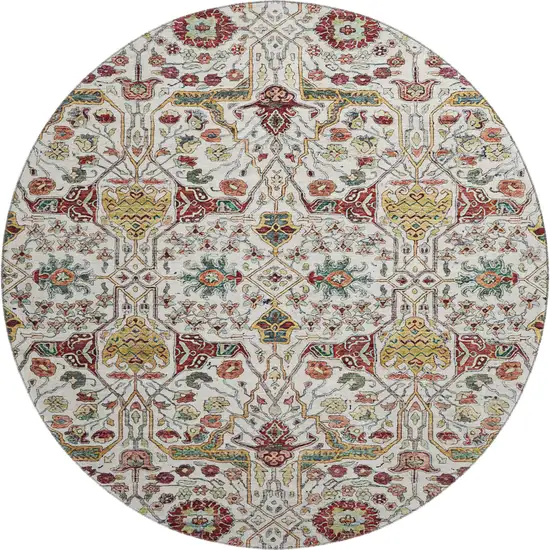 8' Ivory Gold Red And Teal Floral Washable Round Rug With UV Protection Photo 1
