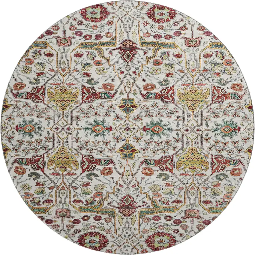 8' Ivory Gold Red And Teal Floral Washable Round Rug With UV Protection Photo 1