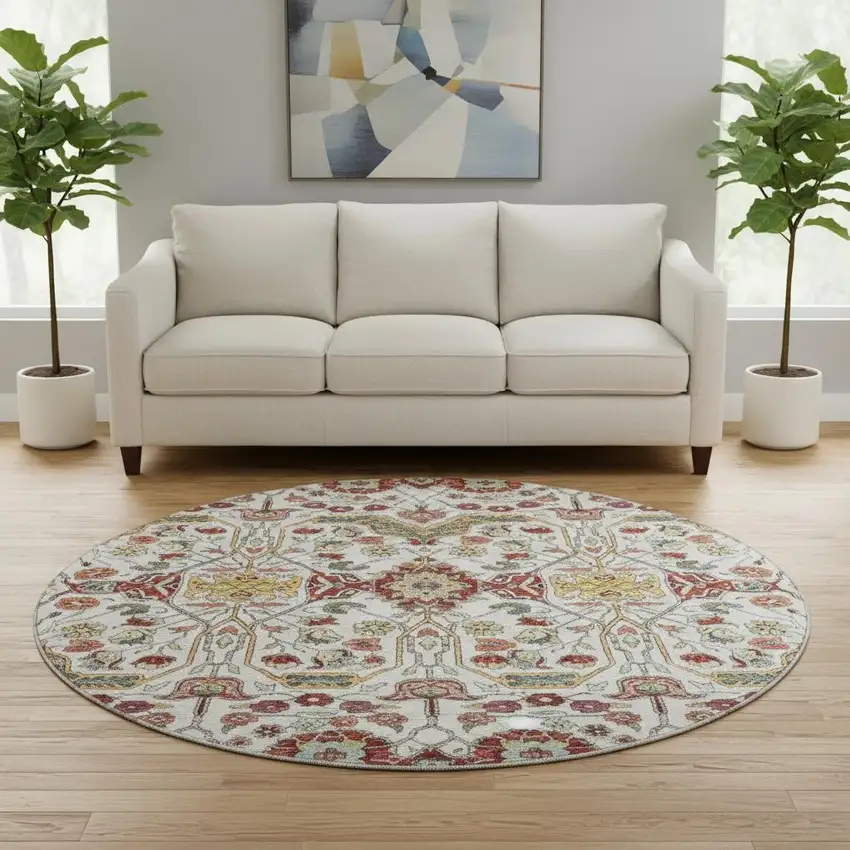 8' Ivory Gold Red And Teal Floral Washable Round Rug With UV Protection Photo 2