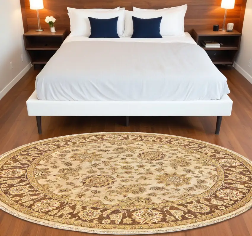 8' Ivory Gold and Brown Wool Oriental Hand Knotted Round Rug Photo 1