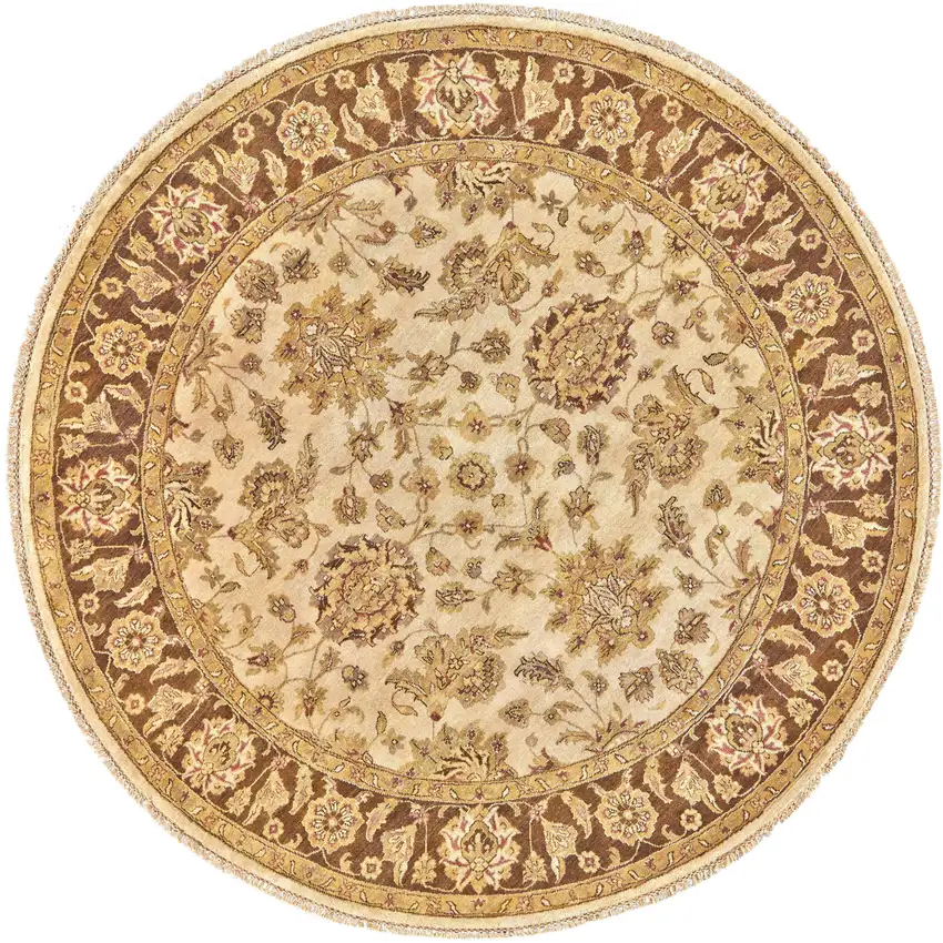 8' Ivory Gold and Brown Wool Oriental Hand Knotted Round Rug Photo 2
