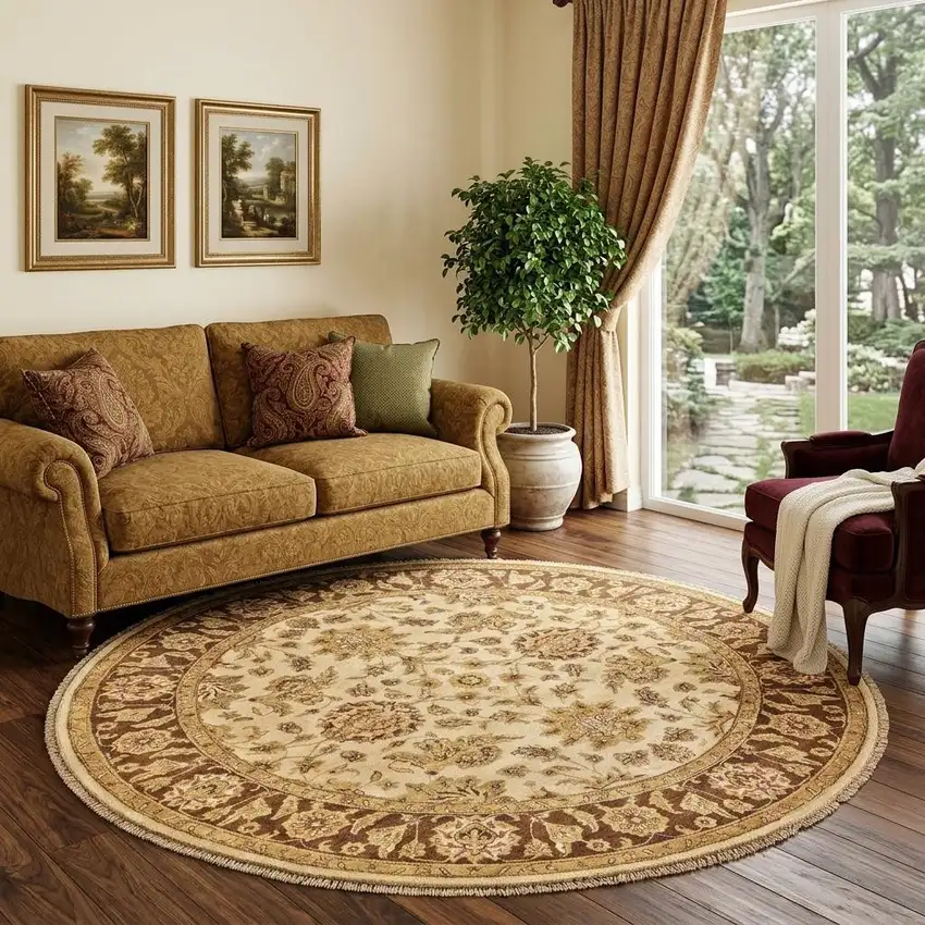 8' Ivory Gold and Brown Wool Oriental Hand Knotted Round Rug Photo 1