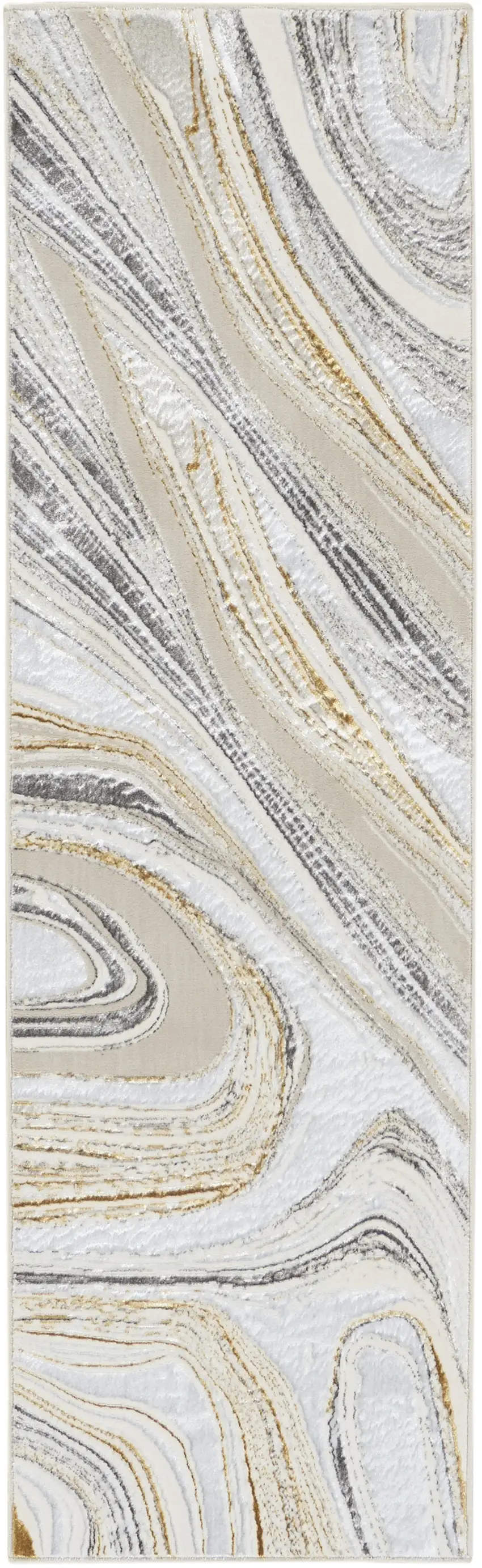 8' Ivory Gold and Gray Abstract Non Skid Runner Rug Photo 2