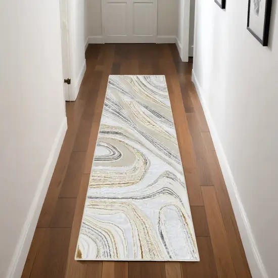 8' Ivory Gold and Gray Abstract Non Skid Runner Rug Photo 1