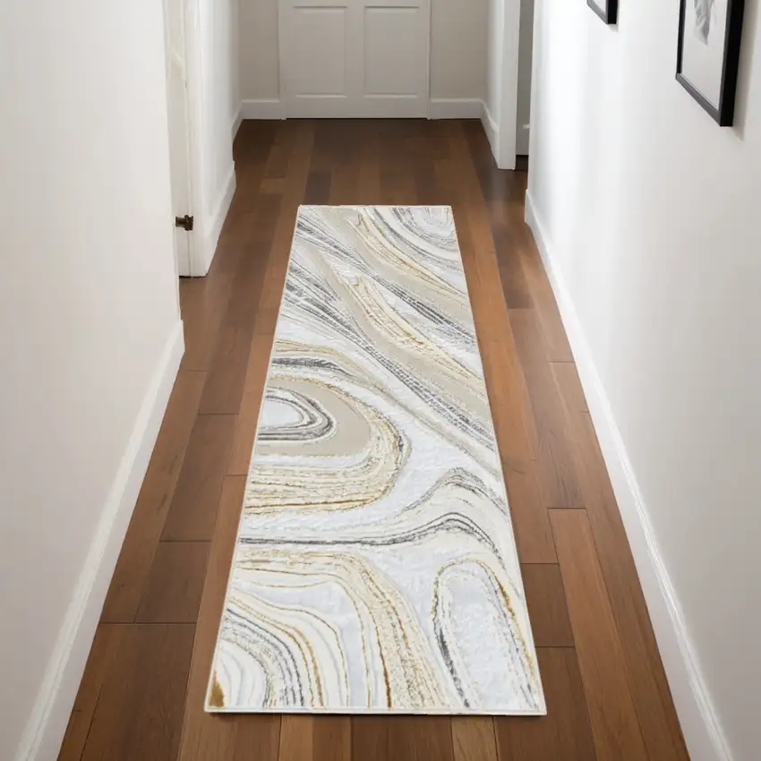 8' Ivory Gold and Gray Abstract Non Skid Runner Rug Photo 1