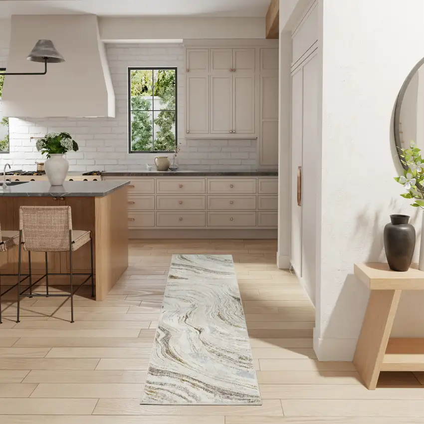 8' Ivory Gold and Gray Abstract Non Skid Runner Rug Photo 3