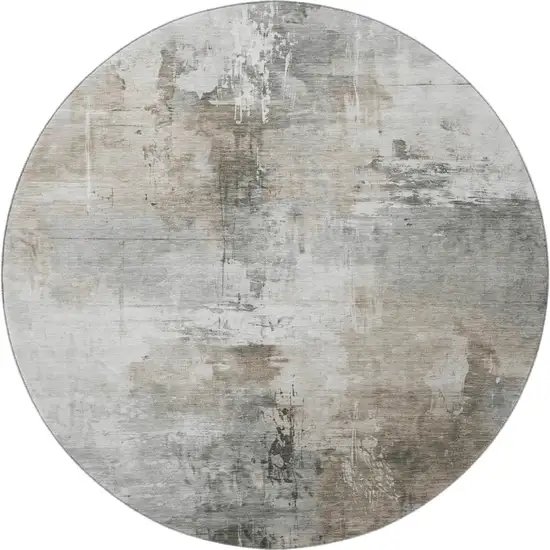 8' Ivory Gray And Beige Abstract Washable Round Rug With UV Protection Photo 3