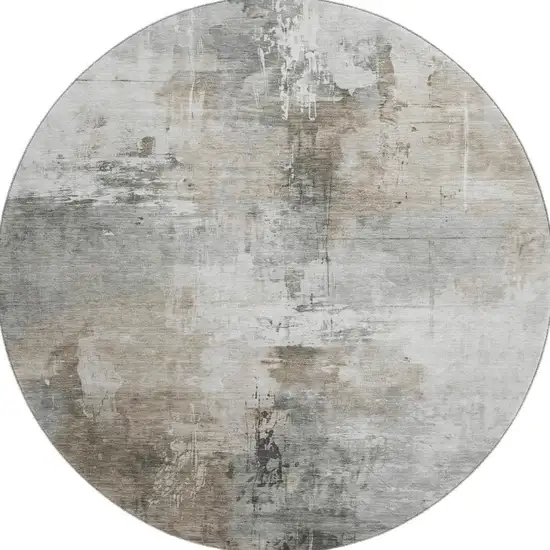 8' Ivory Gray And Beige Abstract Washable Round Rug With UV Protection Photo 2