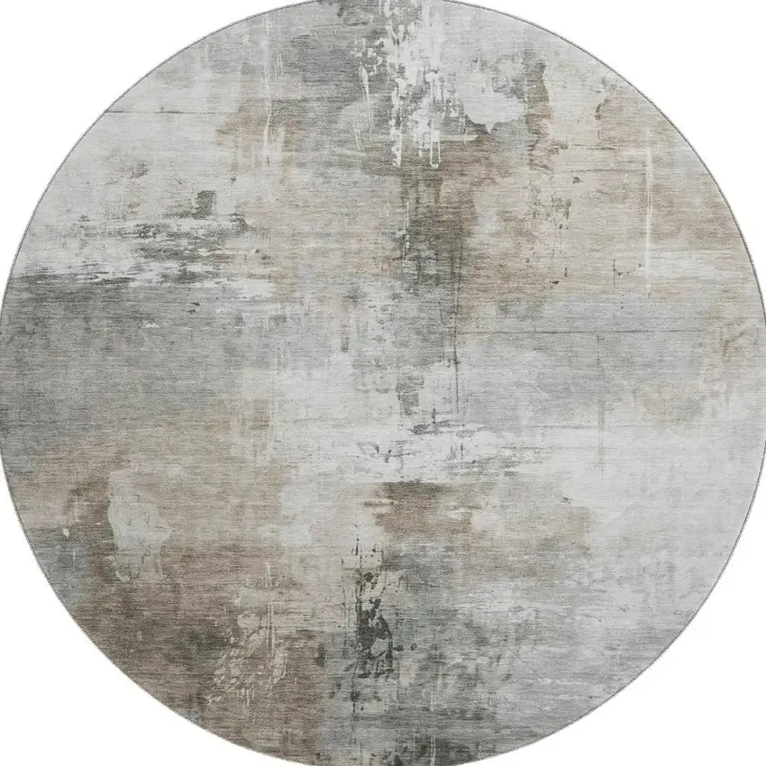 8' Ivory Gray And Beige Abstract Washable Round Rug With UV Protection Photo 2