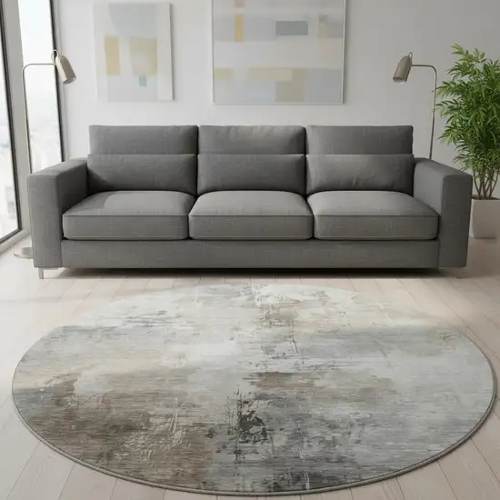 8' Ivory Gray And Beige Abstract Washable Round Rug With UV Protection Photo 2
