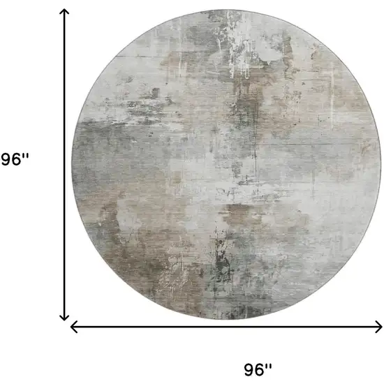 8' Ivory Gray And Beige Abstract Washable Round Rug With UV Protection Photo 9