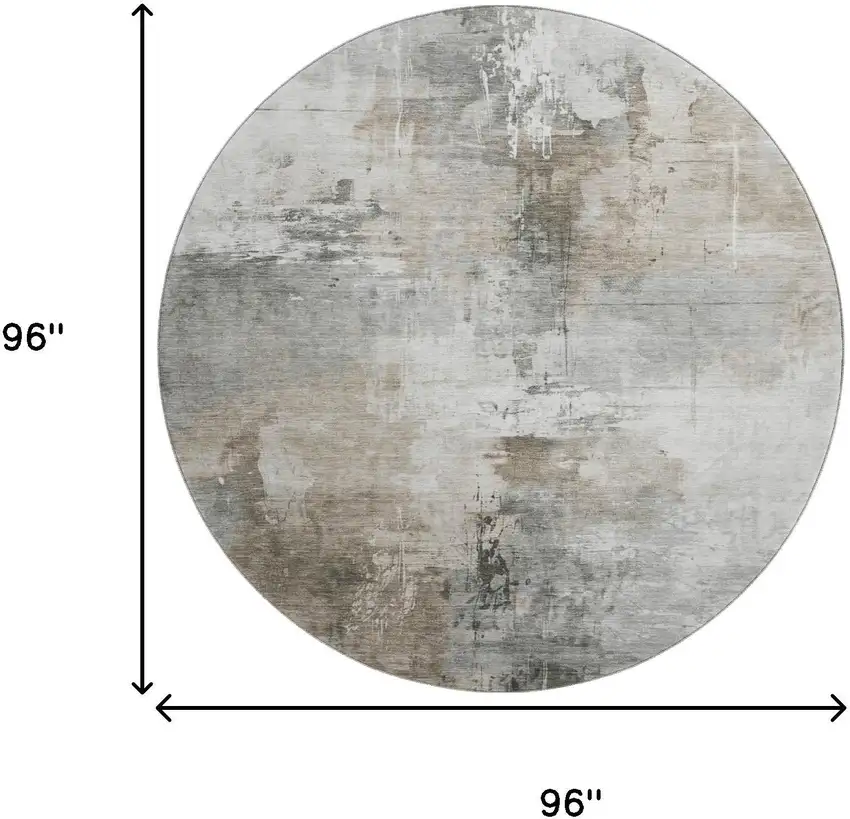 8' Ivory Gray And Beige Abstract Washable Round Rug With UV Protection Photo 9