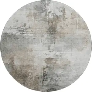 Photo of 8' Ivory Gray And Beige Abstract Washable Round Rug With UV Protection