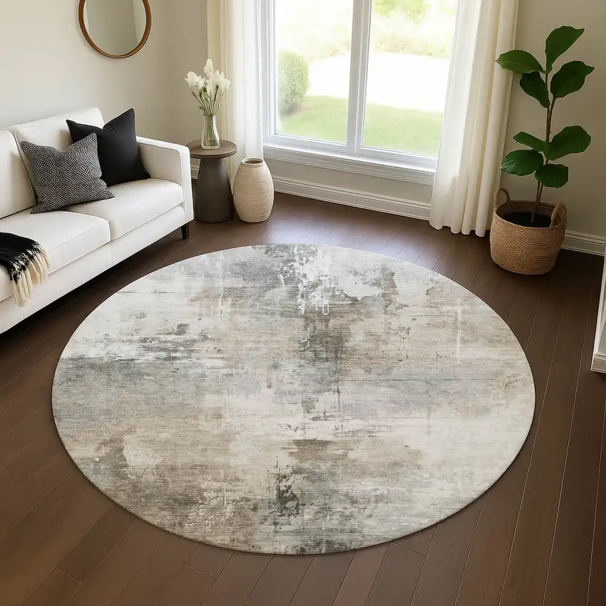 8' Ivory Gray And Beige Abstract Washable Round Rug With UV Protection Photo 4