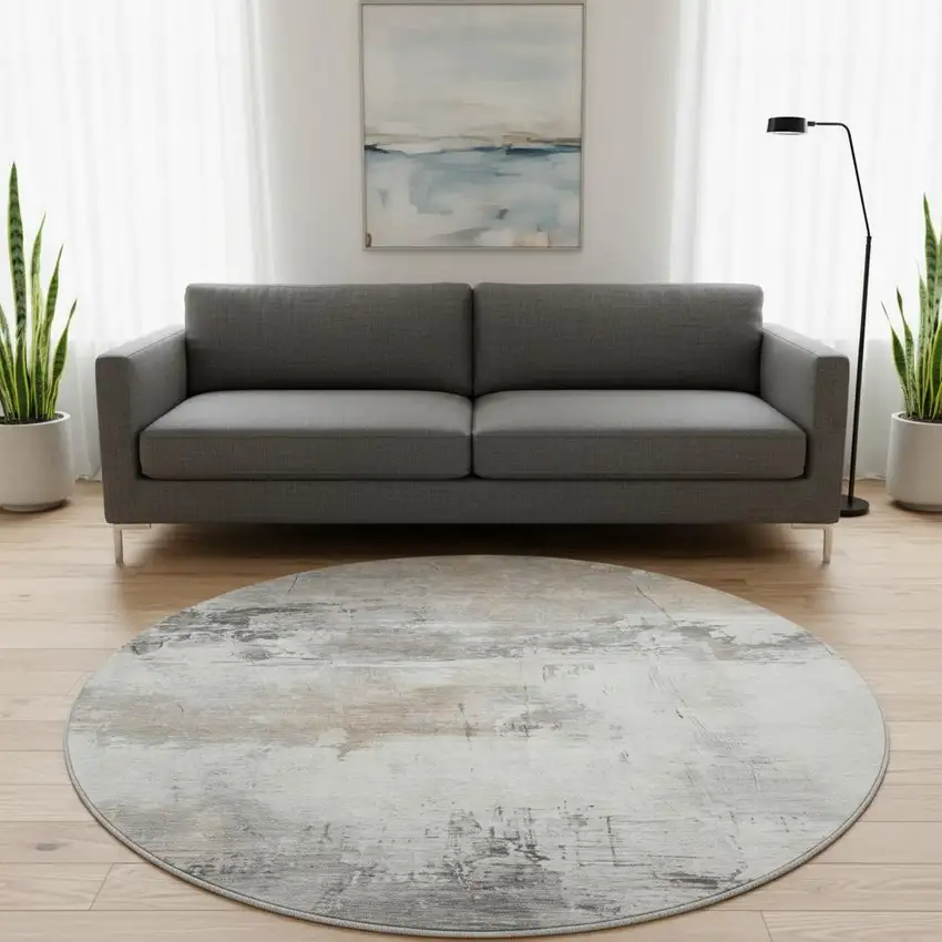 8' Ivory Gray And Beige Abstract Washable Round Rug With UV Protection Photo 2