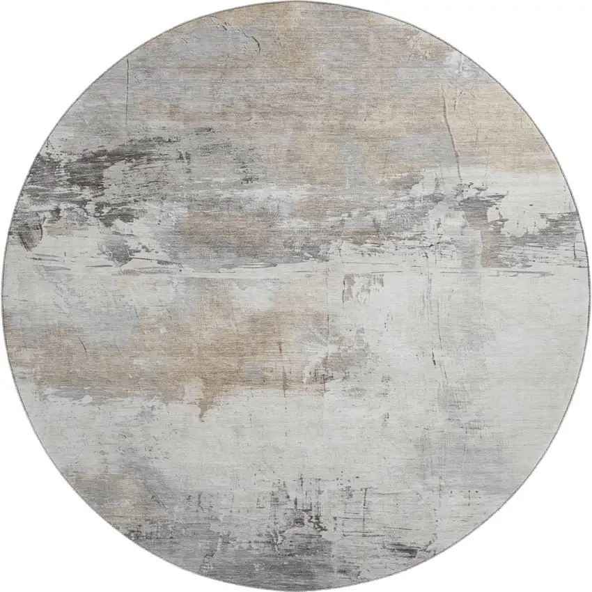 8' Ivory Gray And Beige Abstract Washable Round Rug With UV Protection Photo 1