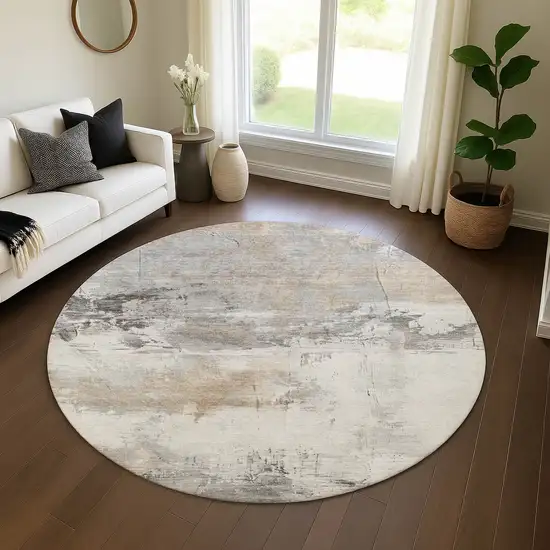 8' Ivory Gray And Beige Abstract Washable Round Rug With UV Protection Photo 4