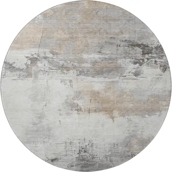 8' Ivory Gray And Beige Abstract Washable Round Rug With UV Protection Photo 3