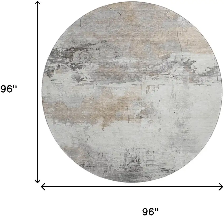 8' Ivory Gray And Beige Abstract Washable Round Rug With UV Protection Photo 9