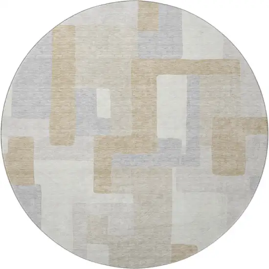 8' Ivory Gray And Beige Geometric Washable Round Rug With UV Protection Photo 3