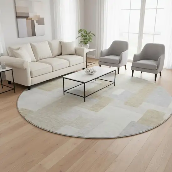 8' Ivory Gray And Beige Geometric Washable Round Rug With UV Protection Photo 2