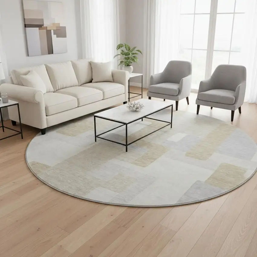 8' Ivory Gray And Beige Geometric Washable Round Rug With UV Protection Photo 2