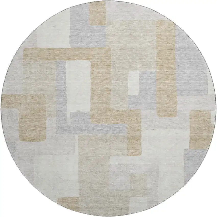 8' Ivory Gray And Beige Geometric Washable Round Rug With UV Protection Photo 1