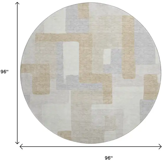 8' Ivory Gray And Beige Geometric Washable Round Rug With UV Protection Photo 9