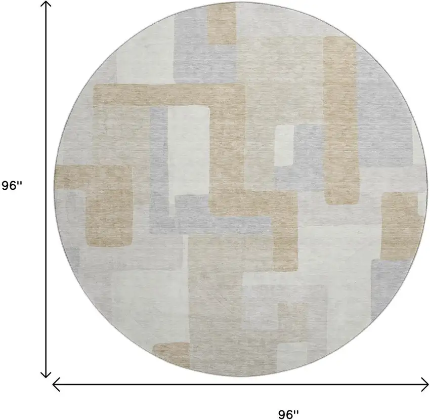 8' Ivory Gray And Beige Geometric Washable Round Rug With UV Protection Photo 9