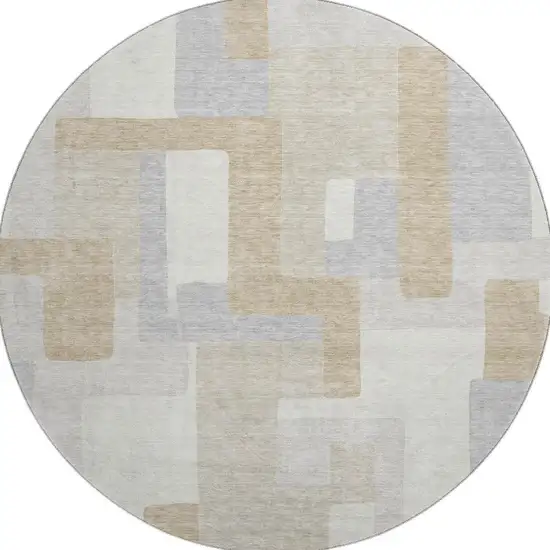 8' Ivory Gray And Beige Geometric Washable Round Rug With UV Protection Photo 2