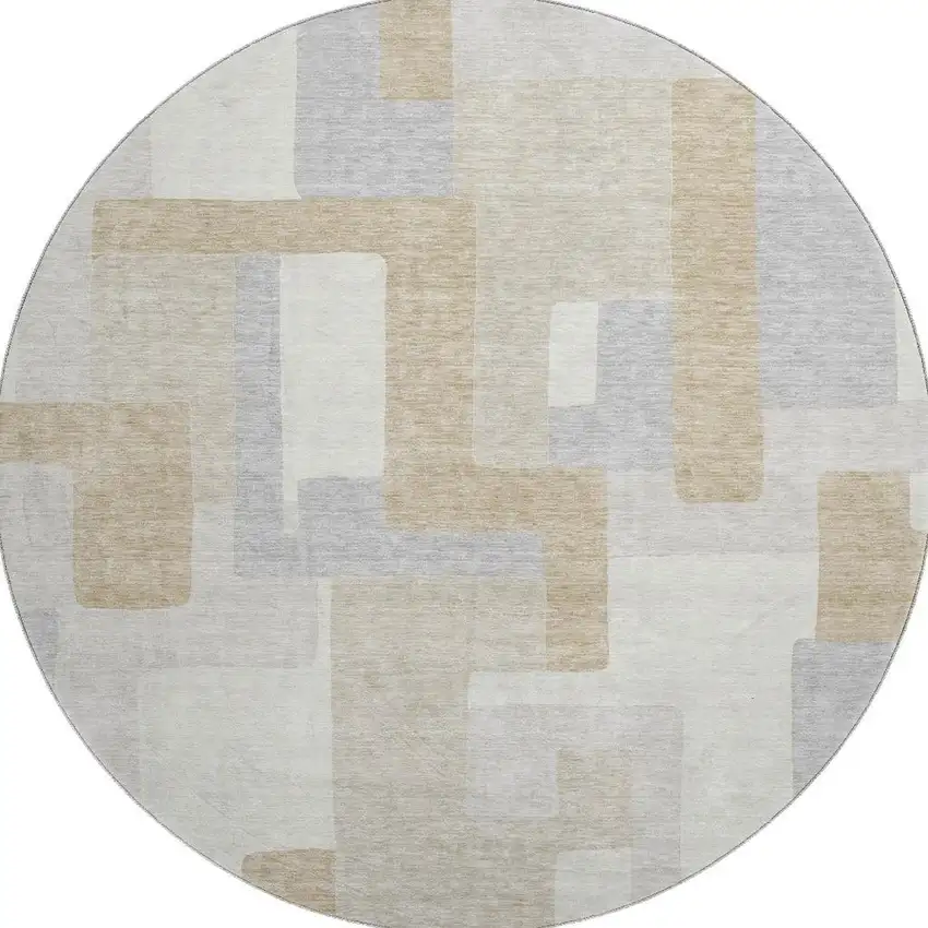 8' Ivory Gray And Beige Geometric Washable Round Rug With UV Protection Photo 2